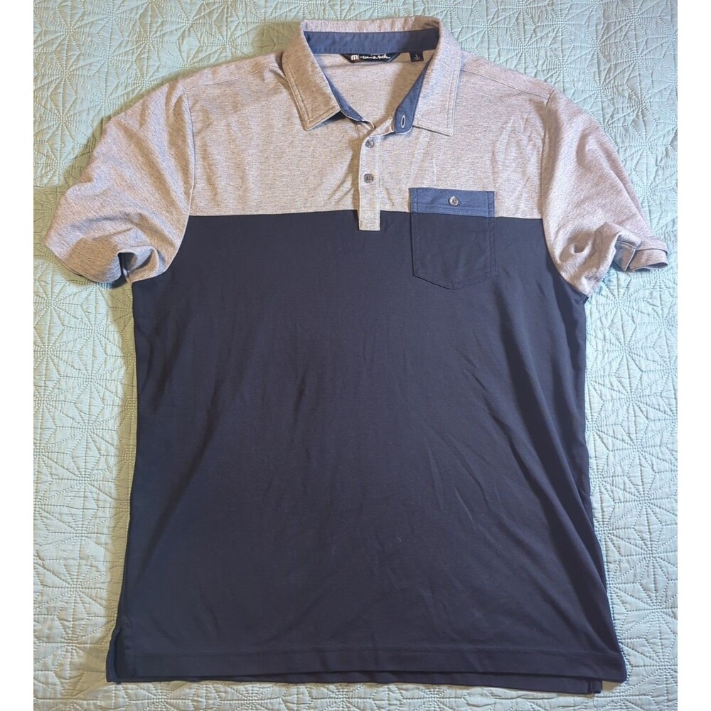 Travis Mathew Golf Shirt Men's Large Navy Blue Colorblock Short Sleeve Polo